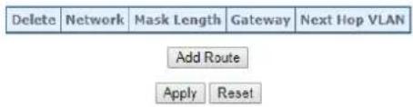 Delete Network Mask Length Gateway Next Hop VLAN Add Route Apply Reset