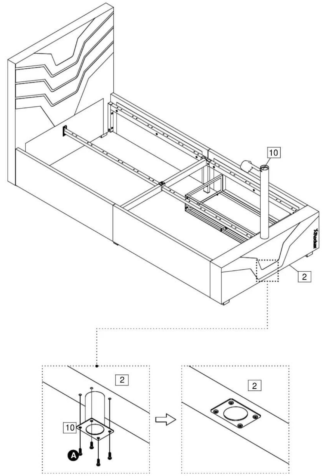 Technical diagram of a mechanical assembly with labeled components and two schematic views showing internal structure changes.