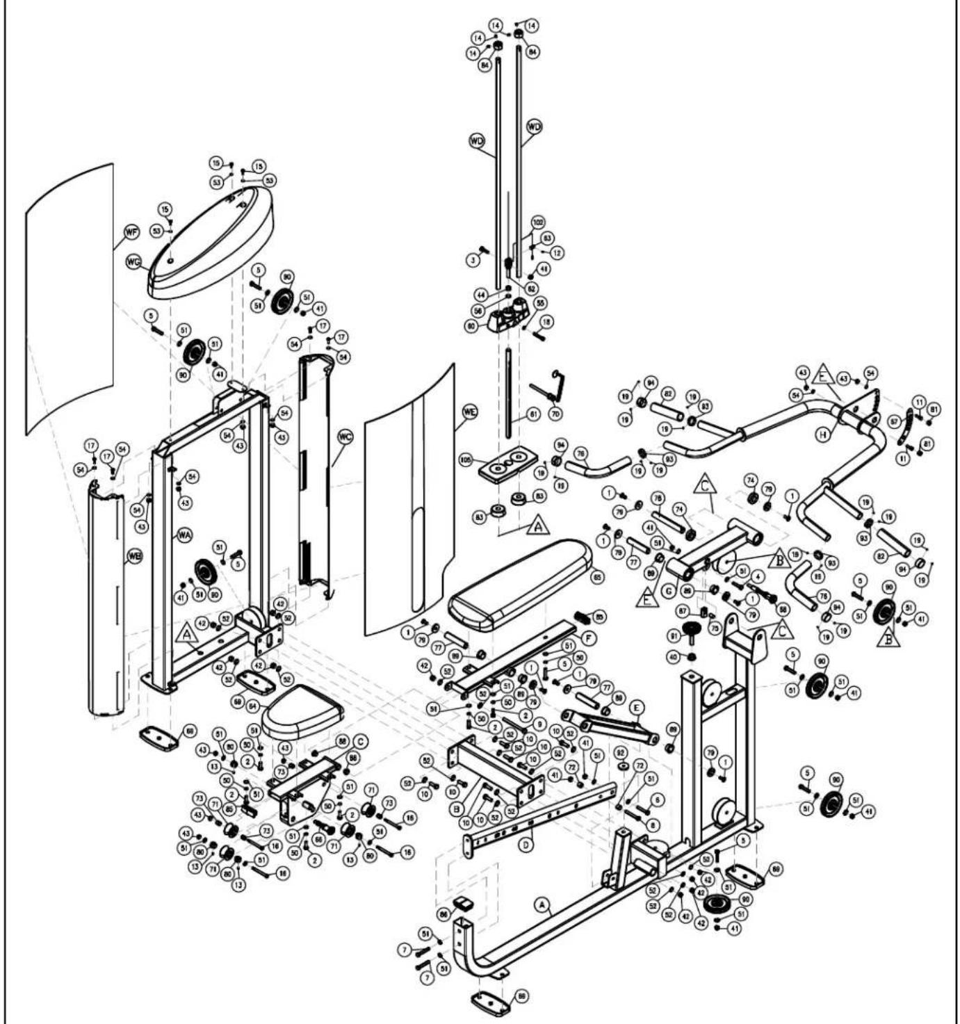 Exploded view diagram of a mechanical assembly with numbered components and labeled parts (e.g., W0, NE, A)