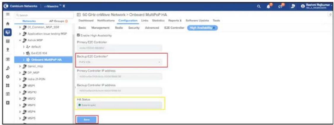Cambium Networks | cnMaestre™ X 60 GHz cnWave Network > Onboard MultiPoP HA Dashboard Notifications Configuration Links Statistics Reports X Software Update Tools Basic Management Radio Security Advanced E2E Controller High Availability Enable High Availability Primary E2E Controller einfo-V5000-881944* Backup E2E Controller* PUP 2.736 Primary Controller IP address einfoV5000-881944 Backup Controller IP address einfoV5000-881944 HA Status Data in empty Save
