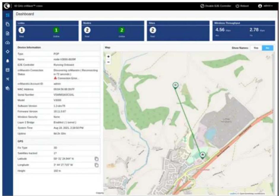 80 GHz onMarine™ - www Dashboard Links 1 Trial 1 Online Nodes 2 Total 2 Online Sites 2 Total Wireless Throughput 4.56 kbps 2.78 kbps Rm T3 Device Information Type: POP Name: node-V3000-860M E2K Controller: Running Onboard onMaestri Connection: Discovering onMaestri (Reconnecting Status in 72 seconds) Connection Error... onMaestri Account ID admin MAC Address: 00/04/56/88:39:FF Serial Number: VSWM0SK9CSHL Model: V3000 Software Version: 1.2-ten-78 Firmware Version: 18 11.6:87 Wireless Security Name Layer 2 Bridge Enabled (1 tunnel) System Time: Aug 18, 2021.2:38:50 PM Uptime: 8d 2h 33m GPS Fix Type: 3D Satellites Tracked: 17 Latitude: 58° 31' 24.944" N Longitude: 3° 44' 27.715" W Height: 192 m Map Show Names: Yes Copying