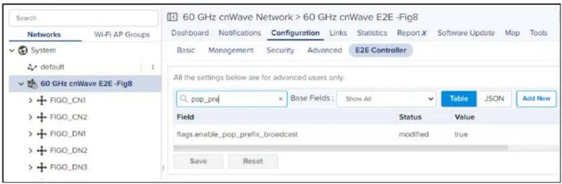 60 GHz cnWave Network > 60 GHz cnWave E2E -Fig8 Networks Wi-Fi AP Groups System default 60 GHz cnWave E2E -Fig8 FIGO_CN1 FIGO_CN2 FIGO_DN1 FIGO_DN2 FIGO_DN3 Dashboard Notifications Configuration Links Statistics Report X Software Update Map Tools Basic Management Security Advanced E2E Controller All the settings below are for advanced users only. pop_prej Base Fields: Show All Table JSON Add New Field Status Value flags.enable_pop_prefix_broadcast modified true Save Reset