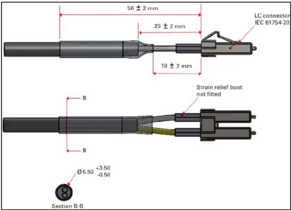 56 ± 2 mm 25 ± 2 mm 19 ± 2 mm LC connector IEC 61754-20 Strain relief boot not fitted Ø6.50 +3.50 -0.50 Section B-B
