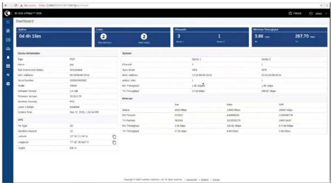 80 GHz drive™ drive Dashboard Update 0d 4h 16m Links 2 Total Security) 2 Total Length) Channels 3 Sector 1 1 Sector 2 Wireless Throughput 3.86 Gbps 267.70 Mfps 80 Device Information Type POP Name: pop E2S Conversion Status Orbanned MAC Address 00 04 56 88 59 0c Serial Number X3000018300C Mode V9000 Software Version 1.6 x96 Firewalls Version 19 11.0.79 Wireless Security PSK Layer 2 KBbps Disabled System Time Doc 17, 2020, 1:33:54 PM GPS Fix Type 3Q Switches Tracked 15 Latitude 12° 54' 3.174"N Longitude 77° 41' 30.547"E Height 830 m Sectors Sector 1 Sector 2 Channel 3 Sync Mode GPS GPS MAC Address 17:54:56:58:30 Dc 22:54:56:58:30 Dc Active Links 1 RX Throughput 1.90 Mbps 1.96 Mbps TX Throughput 17.63 Mbps Ethernet Max Max SFP Status 2000 Mbps 10000 Mbps 20000 Mbps RX Packets 825052 436888550 1298546778 TX Packets 786281 3923553278 166974047 RX Throughput 3.69 Mbps 268.81 Mbps 974.96 Mbps TX Throughput 37.86 Mbps 4.84 Mbps Copyright © 2000 EVlation Networks List File rights reserved | Computer | Subject | Visions