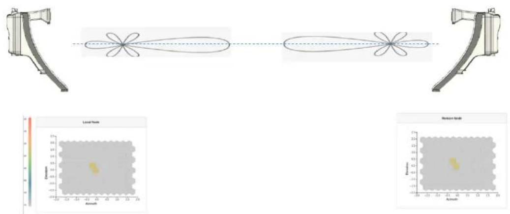 Diagram illustrating a mechanical or optical system with two cameras, showing wave propagation and local/unknown spatial plots.