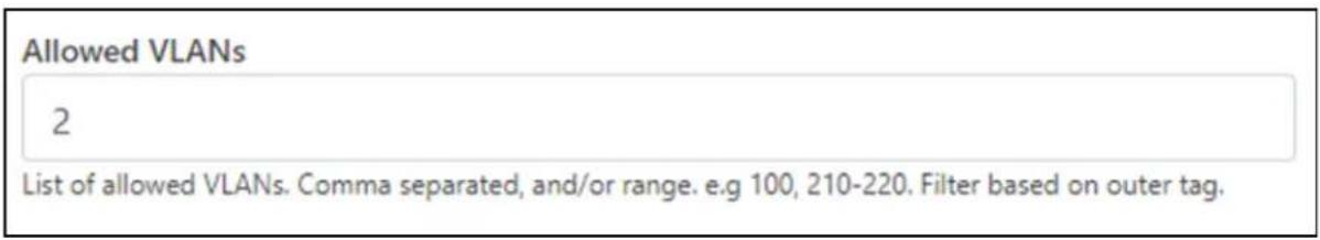 Allowed VLANs 2 List of allowed VLANs. Comma separated, and/or range. e.g 100, 210-220. Filter based on outer tag.