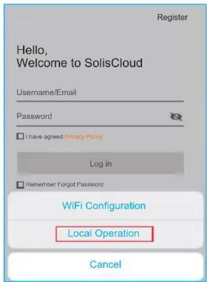 Register Hello, Welcome to SolisCloud Username/Email Password I have agreed Privacy Policy Log in Remember Forgot Password WiFi Configuration Local Operation Cancel
