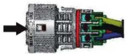 Cross-sectional diagram of a mechanical or electrical component with colored wires and a black arrow pointing to it (no visible text or symbols)