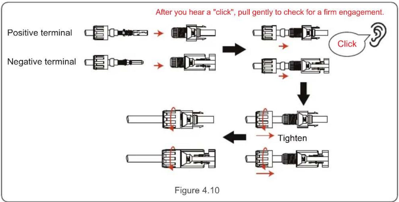 graph TD A["Positive terminal"] --> B["Arrow to presser"] C["Negative terminal"] --> D["Arrow to presser"] B --> E["Arrow to presser"] D --> F["Arrow to presser"] E --> G["After you hear a "click", pull gently to check for a firm engagement."] F --> H["Click"] G --> I["Tighten"] H --> J["F…