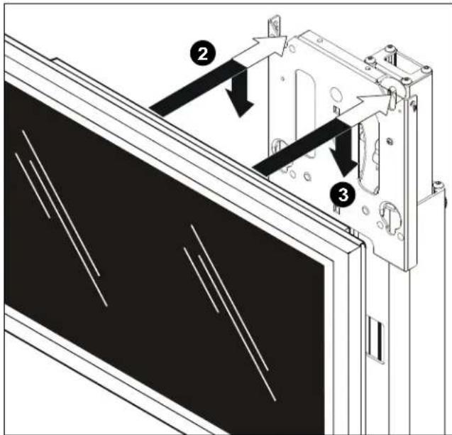 Technical diagram showing mechanical assembly with numbered components and directional arrows indicating motion or force