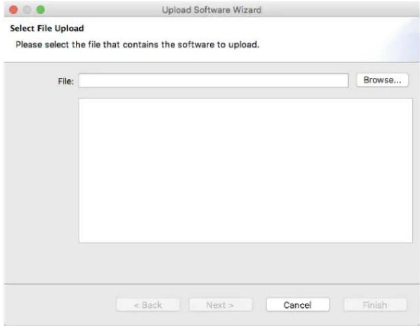 Upload Software Wizard Select File Upload Please select the file that contains the software to upload. File: Browse... < Back Next > Cancel Finish