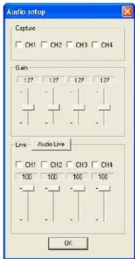 Audio setup Capture CH1 CH2 CH3 CH4 Gain 127 127 127 127 Live Audio Live CH1 CH2 CH3 CH4 100 100 100 100 OK