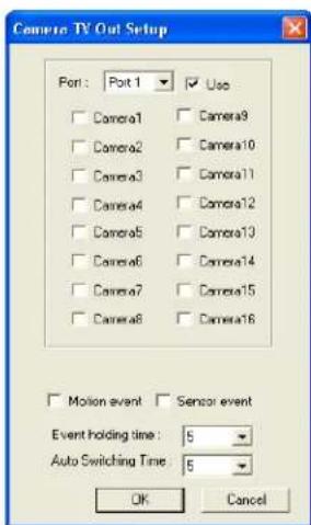 Camera TV Out Setup Port: Port 1 ✓ Use □ Camera1 □ Camera9 □ Camera2 □ Camera10 □ Camera3 □ Camera11 □ Camera4 □ Camera12 □ Camera5 □ Camera13 □ Camera6 □ Camera14 □ Camera7 □ Camera15 □ Camera8 □ Camera16 Motion event Sensor event Event holding time: 5 Auto Switching Time: 5 OK Cancel