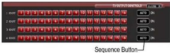 TV OUTPUT CONTROL 3 CLOSE X 1 OUT 1 2 3 4 5 6 7 8 9 10 11 12 13 14 15 16 2 OUT 1 2 3 4 5 6 7 8 9 10 11 12 13 14 15 16 2 OUT 1 2 3 4 5 6 7 8 9 10 11 12 13 14 15 16 4 OUT 1 2 3 4 5 6 7 8 9 10 11 12 13 14 15 16 AUTO ON AUTO ON AUTO ON AUTO ON Sequence Button