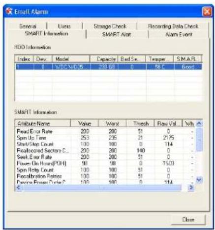 Email Alarm General | Users | Storage Check | Recording Data Check SMART Information | SMART Alert | Alarm Event HDD Information Index Dev Model Capacity Bed Se Temper S.M.A.R 1 0 WDC VDC 238 GB 0 RB C Good Smart Information Attribute Name Value Worst Thickness Flow Val Wh Read Error Rate 200 200 $1…
