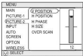 MENU MAIN PICTURE-1 PICTURE-2 INPUT AUTO SCREEN OPTION WIRELESS V POSITION H POSITION H PHASE H SIZE OVER SCAN 12 SELECT