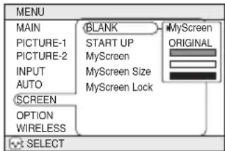 MENU MAIN PICTURE-1 PICTURE-2 INPUT AUTO SCREEN OPTION WIRELESS BLANK START UP MyScreen MyScreen Size MyScreen Lock MyScreen ORIGINAL SELECT