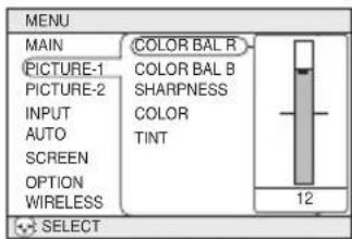 MENU MAIN PICTURE-1 PICTURE-2 INPUT AUTO SCREEN OPTION WIRELESS COLOR BAL R COLOR BAL B SHARPNESS COLOR TINT 12 SELECT
