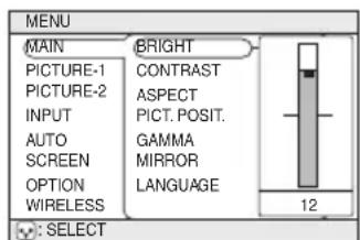 MENU MAIN BRIGHT PICTURE-1 CONTRAST PICTURE-2 ASPECT INPUT PICT. POSIT. AUTO GAMMA SCREEN MIRROR OPTION LANGUAGE WIRELESS : SELECT