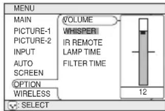 MENU MAIN PICTURE-1 PICTURE-2 INPUT AUTO SCREEN OPTION WIRELESS VOLUME WHISPER IR REMOTE LAMP TIME FILTER TIME 12 : SELECT