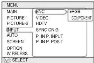 MENU MAIN PICTURE-1 PICTURE-2 INPUT AUTO SCREEN OPTION WIRELESS BNC VIDEO HDTV SYNC ON G P. IN P. INPUT P. IN P. POSIT RGB COMPONENT : SELECT