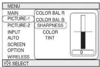 MENU MAIN PICTURE-1 PICTURE-2 INPUT AUTO SCREEN OPTION WIRELESS COLOR BAL R COLOR BAL B SHARPNESS COLOR TINT 0 SELECT