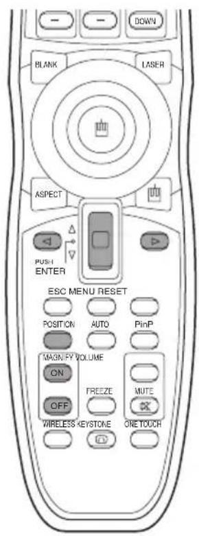 DOWN BLANK LASER ASPECT PUS-I ENTER ESC MENU RESET POSITION AUTO PinP MAGN/FY VOLUME ON FREEZE MUTE OFF WIRELESS KEYSTONE ORE TOUCH