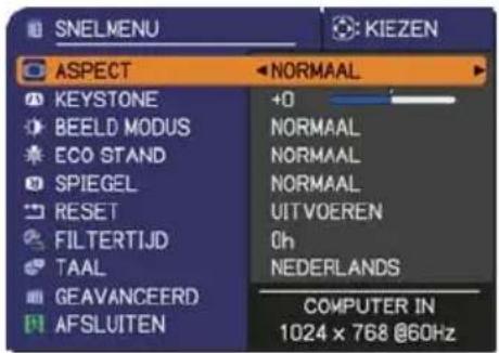 SNELMENU KIEZEN ASPECT NORMAAL KEYSTONE +0 BEELD MODUS NORMAAL ECO STAND NORMAAL SPIEGEL NORMAAL RESET UITVOEREN FILTERTIJD Oh TAAL NEDERLANDS GEAVANCEERD COMPUTER IN 1024 x 768 @60Hz AFSLUITEN