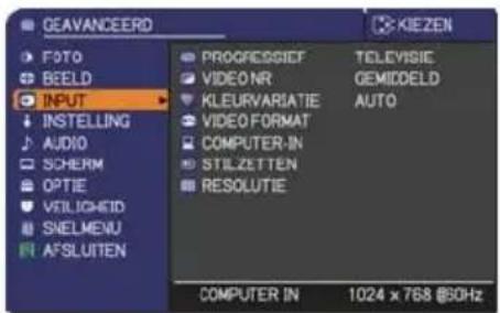 GEAVANCEERD FOTO BEELD INPUT INSTALLING AUDIO SCHERM OPTIE VEILICHED SNELMENU AFSLUTIEN PROGRESSIEF TELEVISIC VIDEO NR GEMIDDELD KLEURVARIATIE AUTO VIDEO FORMAT COMPUTER-IN STILZETTEN RESOLUTIE COMPUTER IN 1024 x 768 @50Hz
