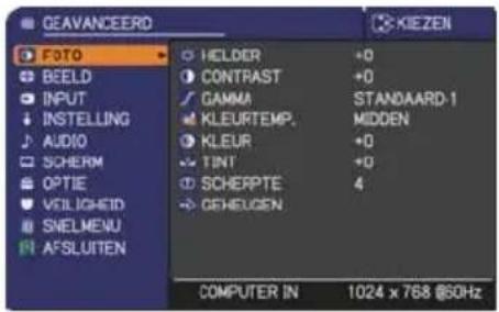 GEAVANCEERD FOTO BEELD INPUT INSTALLING AUDIO SCHERM OPTIE VEILICHEID SNELMENU AFSLUTEN HOLDER +0 CONTRAST +0 GAMMA STANDAARD-1 KLEURTEMP. MIDDEN KLEUR +0 TINT +0 SCHERPTE 4 GEHEUCEN COMPUTER IN 1024 x 768 @50Hz