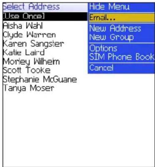 Select Address [Use Once] Aisha Wahl Clyde Warren Karen Sangster Katie Laird Morley Wilhelm Scott Tooke Stephanie McGuane Tanya Moser Hide Menu Email... New Address New Group Options SIM Phone Book Cancel