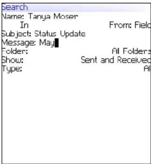 Search Name: Tanya Moser In From: Field Subject: Status Update Message: May Folder: All Folders Show: Sent and Received Type: All