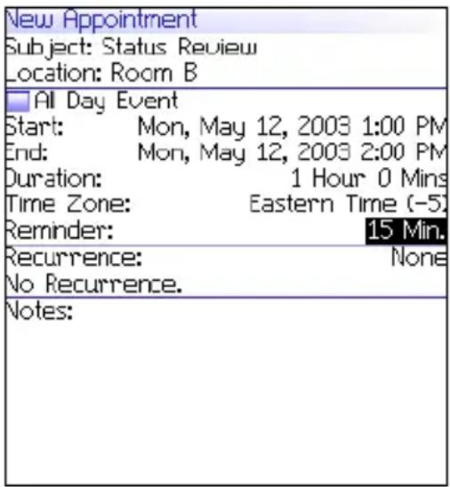 New Appointment Subject: Status Review Location: Room B All Day Event Start: Mon, May 12, 2003 1:00 PM End: Mon, May 12, 2003 2:00 PM Duration: 1 Hour 0 Mins Time Zone: Eastern Time (-5) Reminder: 15 Min. Recurrence: None No Recurrence. Notes: