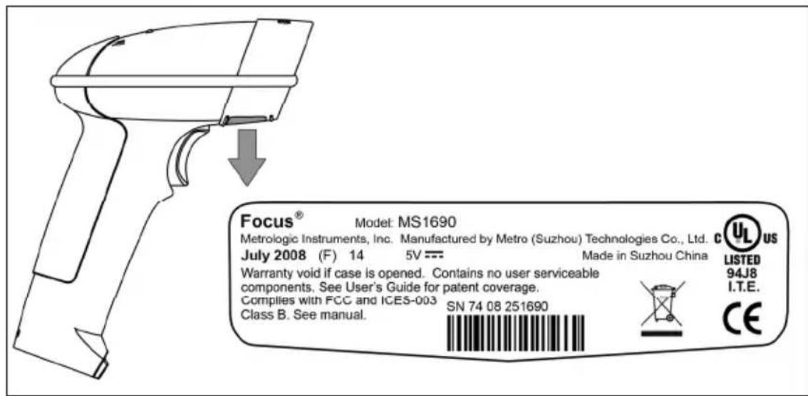 Focus® Model: MS1690 Metrologic Instruments, Inc. Manufactured by Metro (Suzhou) Technologies Co., Ltd. July 2008 (F) 14 5V --- Made in Suzhou China Warranty void if case is opened. Contains no user serviceable components. See User's Guide for patent coverage. Complies with FCC and ICES-003 SN 74 08…