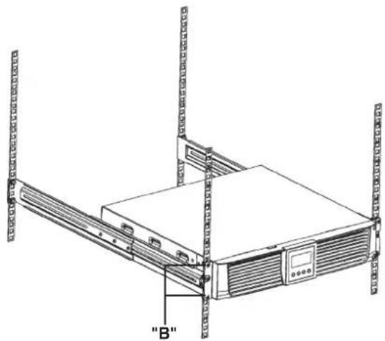 Line drawing of a server rack unit with rack-mounted monitors and vertical racks, labeled "B" (no text or symbols on the device itself)