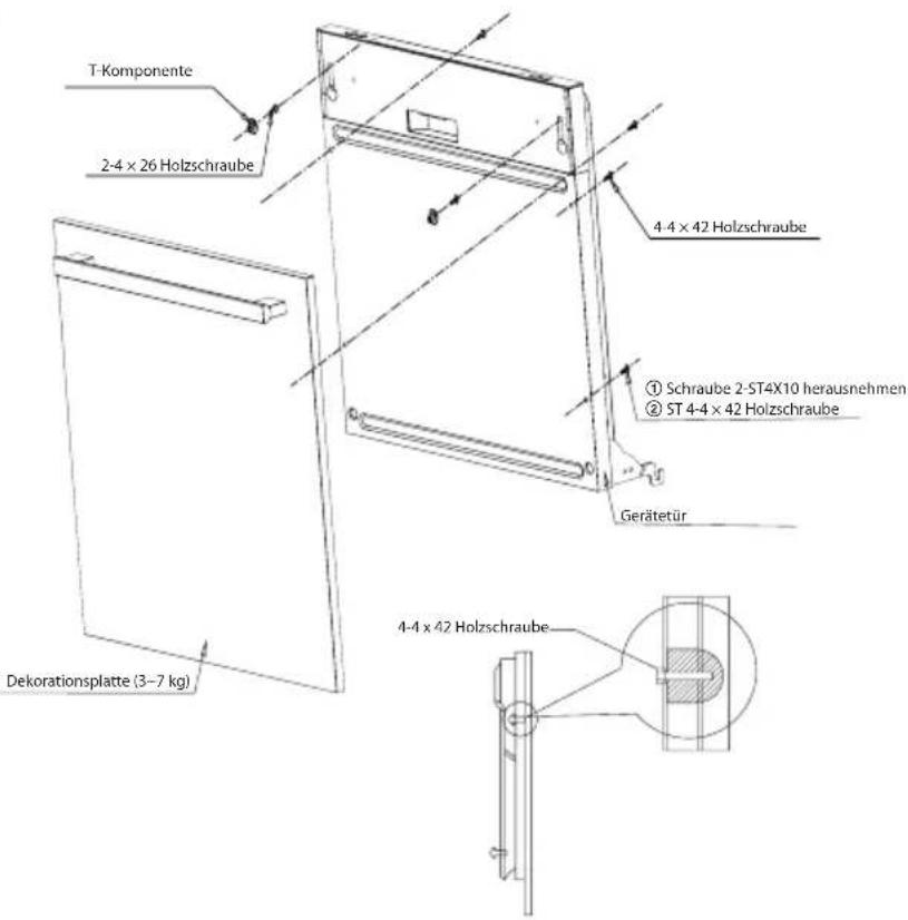 T-Komponente 2-4 x 26 Holzschraube 4-4 x 42 Holzschraube ① Schraube 2-ST4X10 herausnehmen ② ST 4-4 x 42 Holzschraube Gerätetür Dekorationsplatte (3–7 kg) 4-4 x 42 Holzschraube