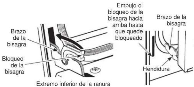 Brazo de la bisagra Bloqueo de la bisagra Extremo inferior de la ranura Empuje el bloqueo de la bisagra hacia arriba hasta que quede bloqueado Brazo de la bisagra Hendidura