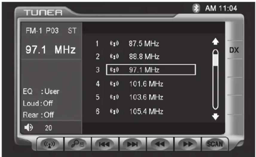 TUNERA FM-1 P03 ST 97.1 MHz EQ :User Loud :Off Rear :Off 20 1 (1) 87.5 MHz 2 (2) 88.8 MHz 3 (3) 97.1 MHz 4 (4) 101.6 MHz 5 (5) 103.6 MHz 6 (6) 105.4 MHz DX SCAN