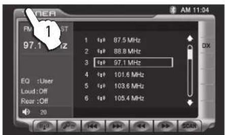 FMR : 1 ST 97.1 Hz EQ : User Loud : Off Rear : Off 20 1 kg 87.5 MHz 2 kg 88.8 MHz 3 kg 97.1 MHz 4 kg 101.6 MHz 5 kg 103.6 MHz 6 kg 105.4 MHz AM 11:04 DX TAG