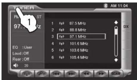 TIME.A FM : 1.00 ST 97.5 MHz 1 87.5 MHz 2 88.8 MHz 3 97.1 MHz 4 101.6 MHz 5 103.6 MHz 6 105.4 MHz EQ :User Loud :Off Rear :Off 20 DX