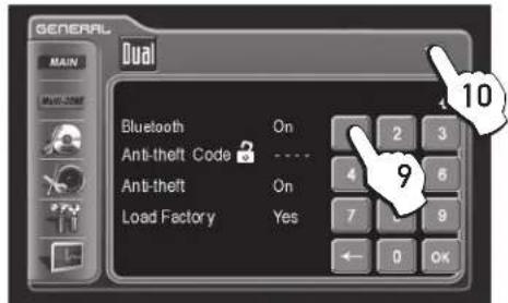 GENERAL Dual MAIN Multi-200F Bluetooth On Anti-theft Code Anti-theft On Load Factory Yes 10 2 3 4 6 7 9 ← 0 OK