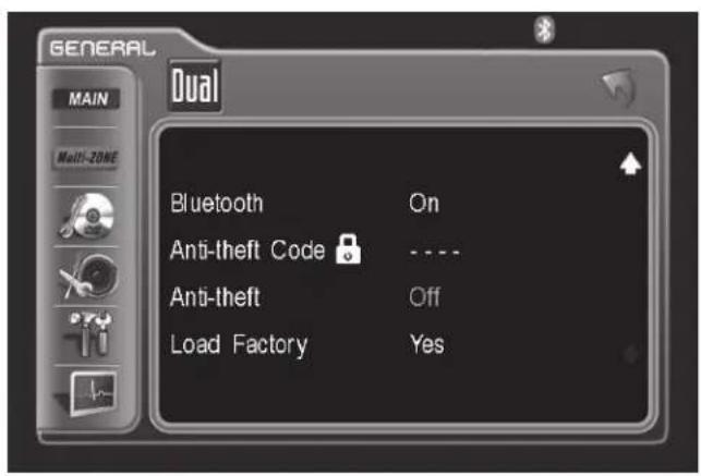 GENERAL MAIN Multi-ZONE Dual Bluetooth On Anti-theft Code ---- Anti-theft Off Load Factory Yes