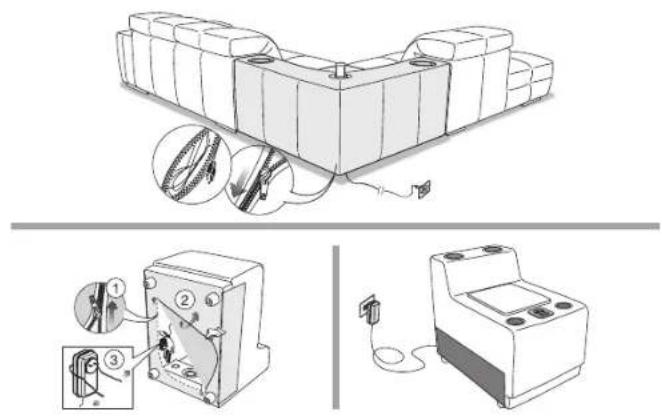 Technical diagram showing assembly of a battery pack with labeled components and wiring connections
