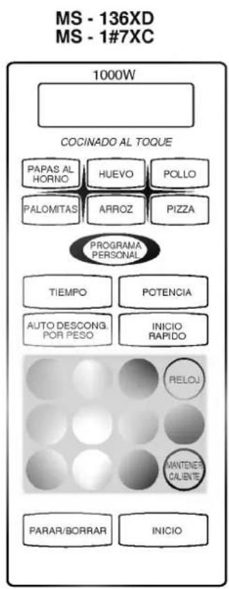 MS - 136XD MS - 1#7XC 1000W COCINADO AL TOQUE PAPAS AL HORMO HUEVO POLLO PALOMITAS ARROZ PIZZA PROGRAMA PERSONAL TIEMPO POTENCIA AUTO DESCONG. POR PESO INICIO RAPIDO RELOJ MANTENER CALIENTE PARAR/BORRAR INICIO
