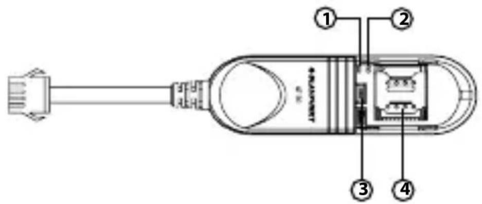 Diagram of a USB device with labeled ports and internal components, showing connections to a connector pin.