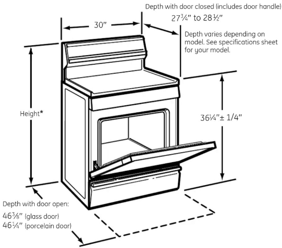 Depth with door closed (includes door handle) 27¾" to 28½" Depth varies depending on model. See specifications sheet for your model. 36¼" ± 1/4" Height* Depth with door open: 46¾" (glass door) 46¼" (porcelain door)