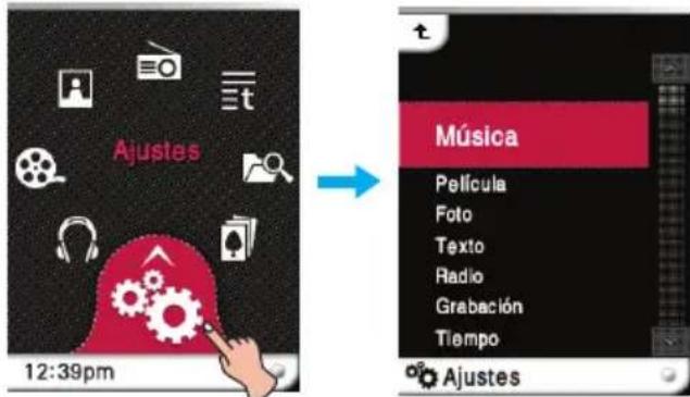 Ajustes 12:39pm Música Película Foto Texto Radio Grabación Tiempo Ajustes
