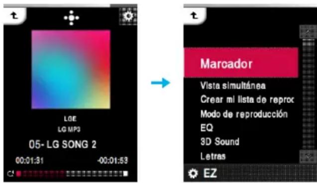 LGE LG MP3 05- LG SONG 2 00:01:31 -00:01:53 → Marcador Vista simultánea Crear ml lista de reproc Modo de reproducción EQ 3D Sound Letras EZ