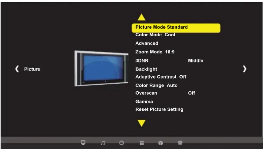 Picture Mode Standard Color Mode Cool Advanced Zoom Mode 16:9 3DNR Middle Backlight Adaptive Contrast Off Color Range Auto Overscan Off Gamma Reset Picture Setting
