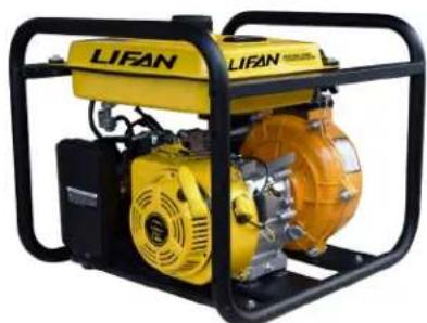 Yellow and black LIFAN water pump device with visible internal components and control frame (no text or symbols)